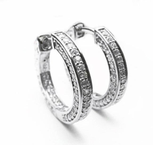 Creation Diamond Hoop Earrings 2.00Ct 18k W/g Overlay: Creation Diamonds High Quality Hoop Earrings Quantity: 1 pairs Diameter: 3/4" inch Weight: 2.00 carat Round Brilliant Clarity: VVS,Color F Setting name: Micro Pave Inside Out 18k White gold overlay of