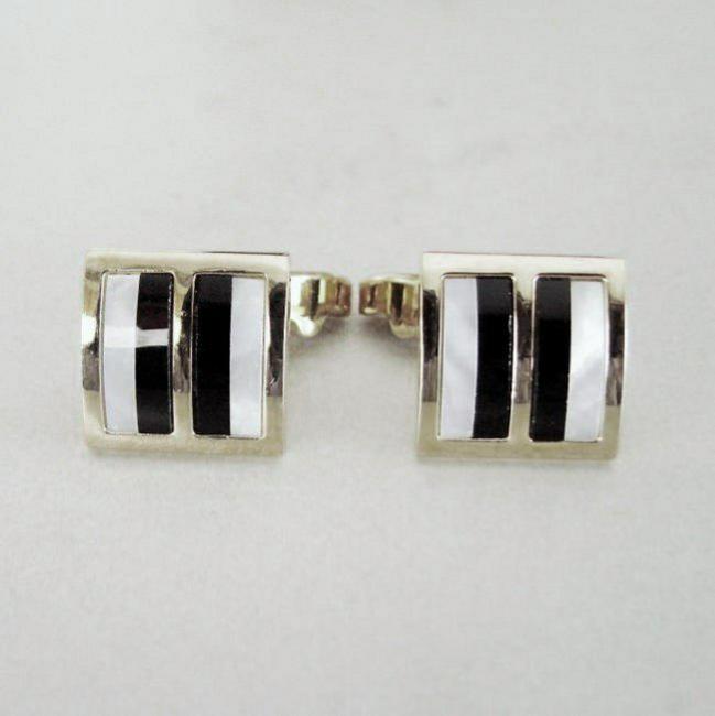 Men's Cufflink Stainless Mother Pearl Onyx 18k W/g Over (1 of 2)