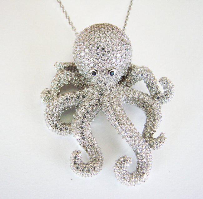 Creation Diamond Octopus Pendant 4.42Ct 18k W/g Overlay: Creation Diamond & White and Black High Quality Item: Pendant Weight:4.37 Carat Round brilliant Clarity: VVS, Color: F Black:.05 Carat Round Pendant Size: L 1.1/2" x W 1.1/4" inch Setting: Micro Pave 