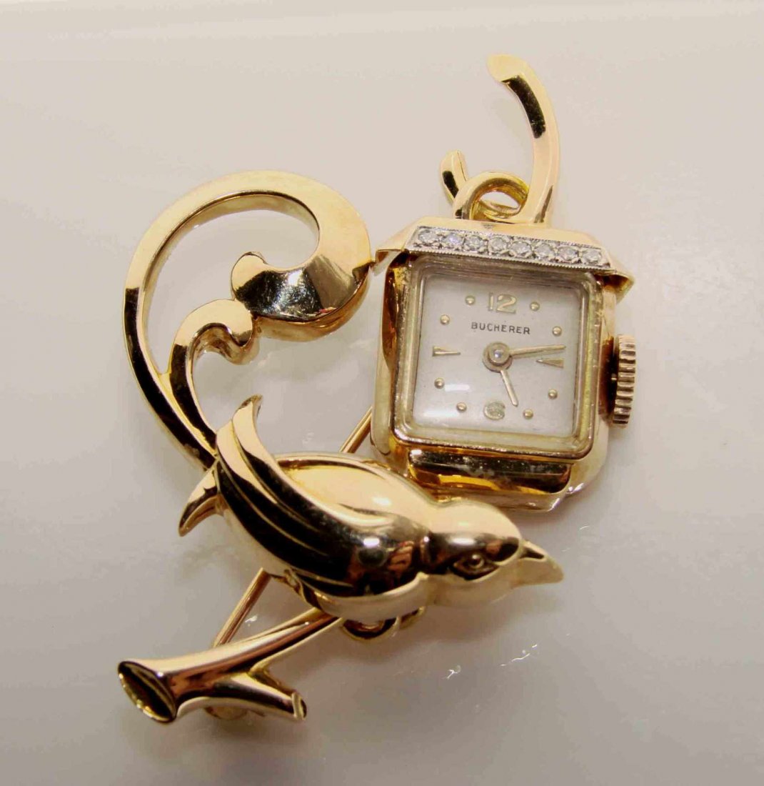 BUCHERER Brooch Watch Dia: .12CT &18k Yellow Gold: Stunning Vintage BUCHERER Brooch Item Type: Vintage Brooch Quantity:1 Diamond: .12Carat round brilliant (Clarity: VSI, Color: F)