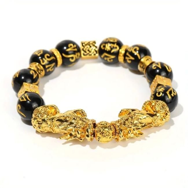 2 Dragon Men and Women Pi Xiu Shui Bracelet/22k Gold Overlay Brass: Item: Bracelet Men and Women Pi Xiu Shui Bracelet/ 22k Gold Overlay Brass Bead: 10mm Size: 8-9 Color: Black/Gold String: Elastic High-Quality Material: Made of black obsidian, this bracelet is durable