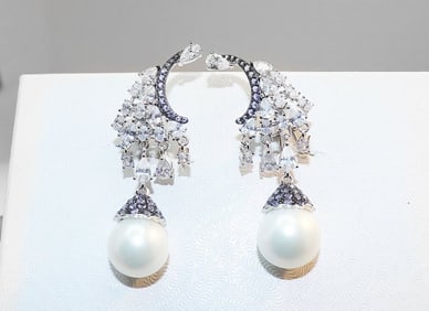 Creation Dia/ Swarovski Pearl /Blue Sapphire Earrings