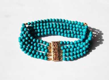 5 Layer Turquoise Bead Bracelet with Gold Filled Claps