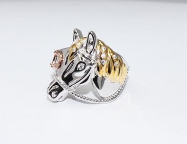 Man's Horse Ring .08Ct 18k 2 Tone Overlay 925