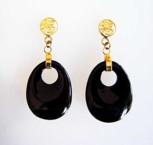 Natural Black Onxy Dangle Earrings 14k Y/g (1 of 4)
