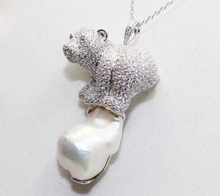 Cultured Baroque Pearl/Creation-Diamonds Pendant 1.10 Ct 14k W/g Overlay 925