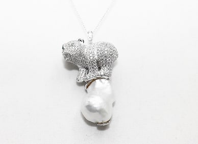 Cultured Baroque Pearl/Creation-Diamonds Pendant 1.10 Ct 14k W/g Overlay 925