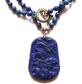 Natural Lapis Carving Dragon & Bead Necklace 58.20grams