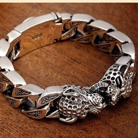 Man’s 925 Silver leopard head pure silver fashion silver jewelry handmade Vintage Bracelet