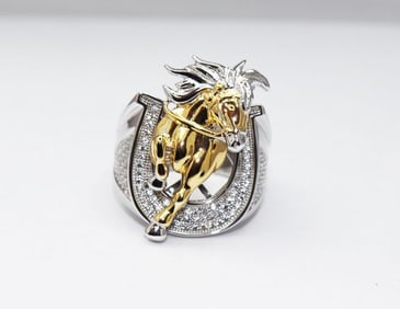 Man's Horse Ring 1.02Ct 18k 2 Tone Overlay 925