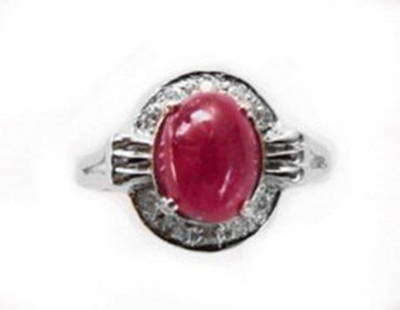Anniversary Ruby Cabochon Diamond Ring 2.91Ct 14k W/g: Gem: Natural Ruby & Diamond Item: Ring Diamond: 10 Pieces .27 carat Round Brilliant Clarity: SI2, Color: H,Treatment:None Ruby Weight: 2.64 carat Cabochon Oval Clarity:Transparent/Translucent-Color: R