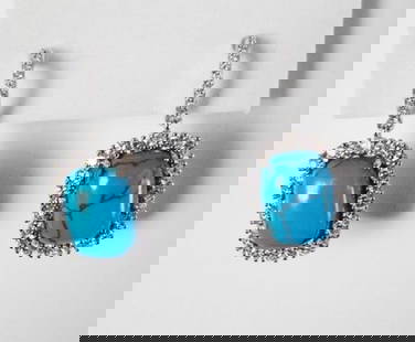 Natural Turquoise Earrings 17.29Ct 18k W/g Overlay: Gem Type: Natural Turquoise,Creation, Diamond Qty: 1 Pairs Item: Earrings Creation Diamond 68Pce Weight: 2.55 Carat round Brilliant Clarity: VS, Color G Turquoise weight: 14.74 Carat Octagon Shaped (1