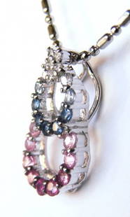 Sapphire Multi Color Diamond Pendant 1.06Ct 14k W/g: Gems: Nature Multi Colored Sapphire Quantity: 1 Length: 1" Diamond Weight: 6 Pieces .08 Carat (Clarity: SI1 Color: G) Color: Multi Blue/Pink/ White Weight: .98 Carat round shaped (Clarity: Transparent