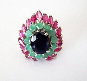 Natural Multicolor Ring 8.16Ct 18k W/g Overlay: Gems Type: Natural Ruby, Emerald, Blue Sapphire High Quality Item Hand made by Handicraft Item:Ring Size: 7 Center Sapphire Weight: 3.17 Carat Oval Shape Clarity: SI,Color: Dark Blue Measurement: 10x8