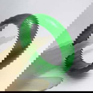 Natural Translucent Solid Green Chinese Jade Bangle: Gem Type: Natural Translucent Solid Chinese Jade Grade: B Item: Jade Bangle, Size 7 Outer Diameter: 75 mm Inter Diameter: 60mm Width: 16.5mm Thickness: 8.5mm Weight 65.08 grams Treated: Untreate