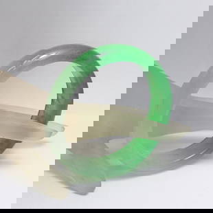 Translucent Solid Green/Creamy Chinese Jade Bangle: Gem Type: Natural Translucent Solid Chinese Jade Grade: B Item: Jade Bangle, Size 7 Outer Diameter: 75 mm Inter Diameter: 60mm Width: 15.5mm Thickness: 8.6mm Weight 60.48 grams Treated: Untreate