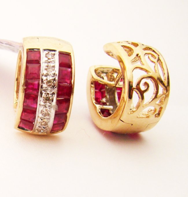 Ruby-Diamond Hoop Earring 2.24Ct 14k Y/g: Gem Type: Natural Ruby and Diamonds Item: Earrings Diamonds 14 Pieces Weight:.13 Carat Round Brilliant (Clarity:SI1,Color:H,Treatment:None) Ruby 24 Pieces Weight:2.11 Carat Princess Cut Clarity:SI,Col