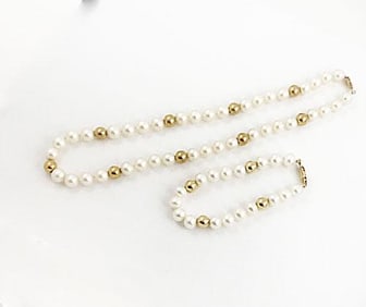 Culture Freshwater Pearl Necklace & Bracelet 14k Gold Ball/Clasp