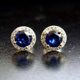 Creation Diamond & Sapphire Stud Earring 2.57Ct 18k Y/g