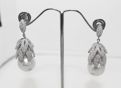 Cultured Baroque Pearl/Creation-Diamonds Earrings 1.00 Ct 14k W/g Overlay 925