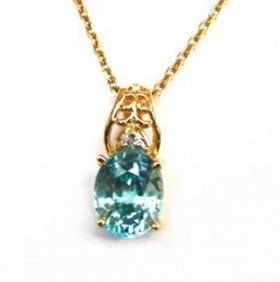Diamond Blue Zircon Pendant 4.53Ct 14k Y/G