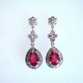 Earrings Dangle Natural Ruby /Diamond 3.59Ct 14k W/g