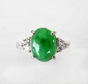 Diamond-Imperial Jadeite Jade Ring 3.39Ct14k W/G-Sz 6.5