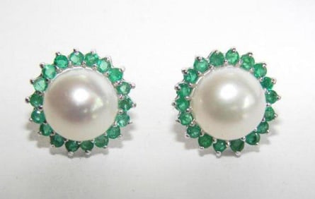 Akoya Pearl Earrings 8.5mm With Columbia Emerald .80Ct