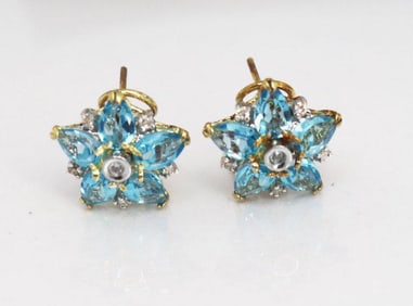Swiss Blue Topaz Diamond Star Earrings 4.94Ct 14k Y/G