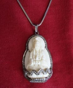 Carved Bone Guanyin & Diamond 1.40Ct 18k B/g Overlay