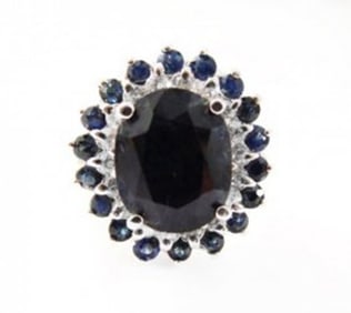 Blue Sapphire Diamond Ring 8.97Ct 14k White Gold
