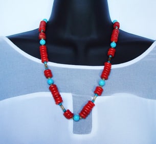 Natural Red Coral/Turquoise Necklace Gold Filled Clasp