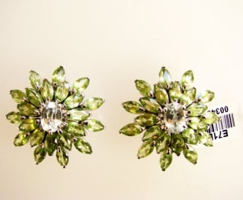 Peridot &White Topaz Earrings 14.75Ct 18k W/g Overlay