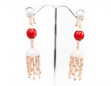 Creation Diamond/ Red Coral Chandelier Earrings 18 R/G