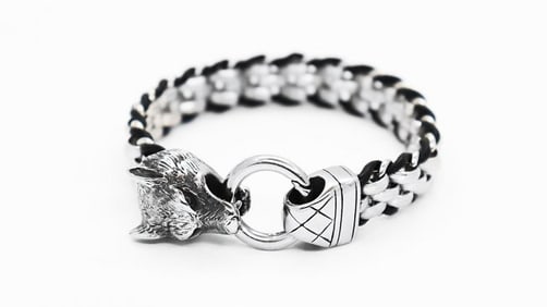 Man's Fox Head Stainless Steel/Black Robber Bracelet