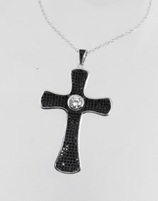 Cross Pendant Creation B/W Diamond 14k W/g Overlay 925