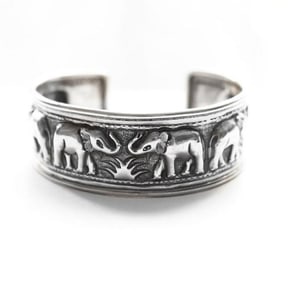 Woman' Caved Elephant Cuff Bangle 925 Sliver
