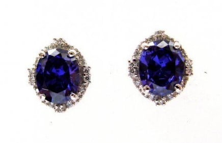 Creation Diamond/Tanzanite Earrings 7.44Ct 18k W/g Overlay