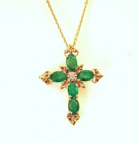Emerald Diamond Cross Pendaent 4.47Ct14k Y/g