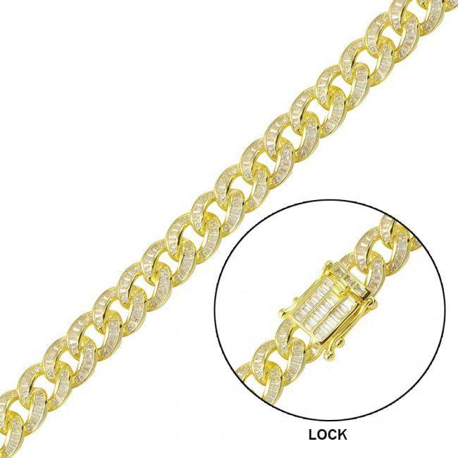 Man's Creation Diamond 15.80 CT 18k Y/g Overlay 925: Gem Type: Creation, White Diamond Item: Man's Bracelet Stone Weight: 15.80 Carat baguette shaped Clarity: VS1 Color: G Metal: 18k yellow gold overlay 925 Silver Weight: 39.37grams Width: 10.9mm