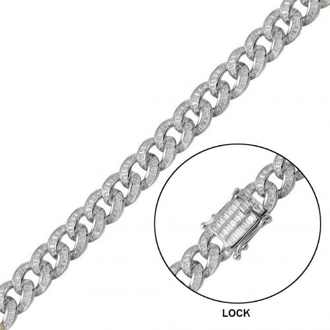 Man's Creation Diamond 15.80 CT 18k W/g Overlay 925: Gem Type: Creation, White Diamond Item: Man's Bracelet Stone Weight: 15.80 Carat baguette shaped Clarity: VS1 Color: G Metal: 18k white gold overlay 925 Silver Weight: 39.37grams Width: 10.9mm L