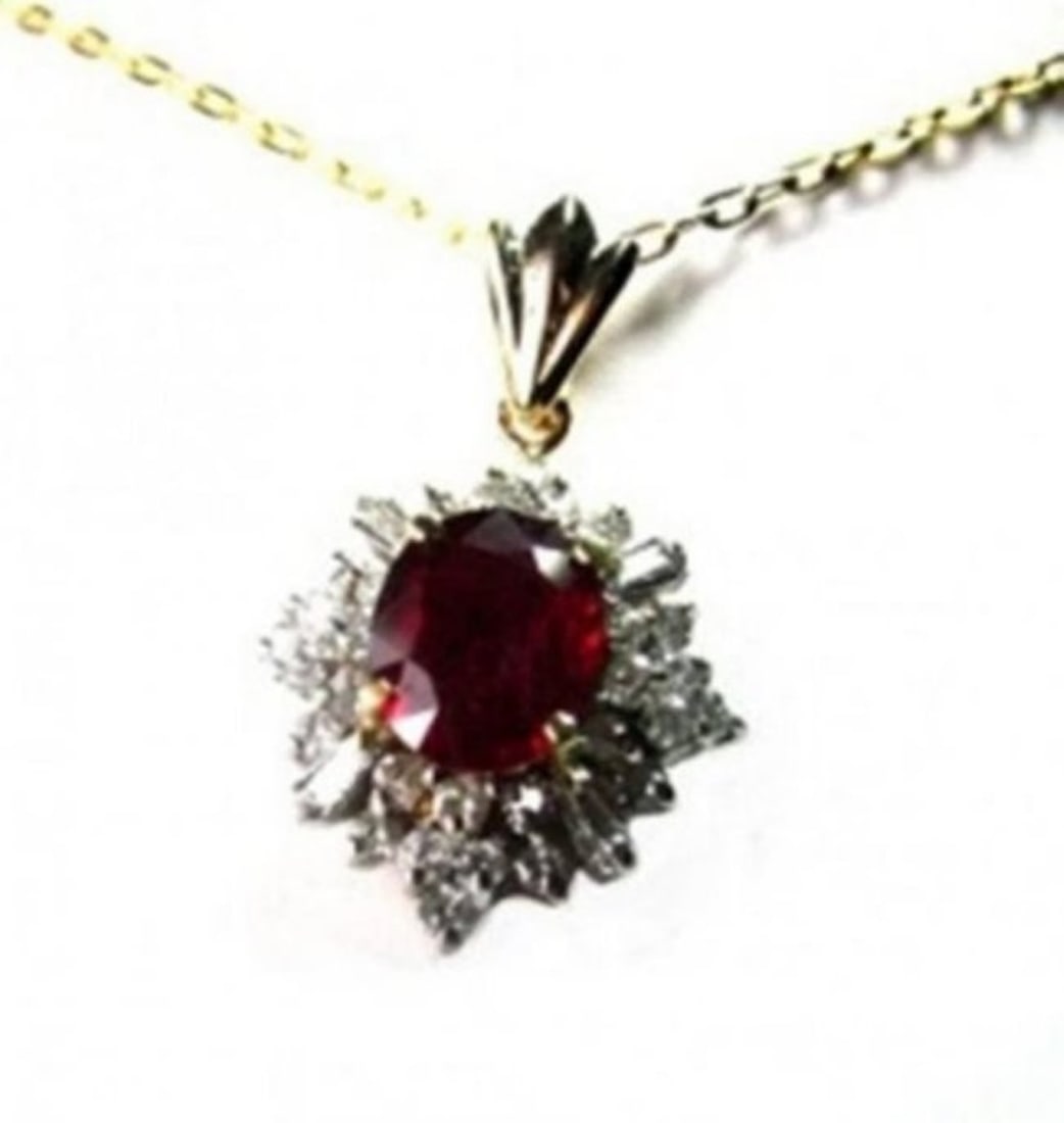 Ruby Pendant: 3.18Ct , Diamond: 1.12 Ct 14K Y/G (1 of 3)