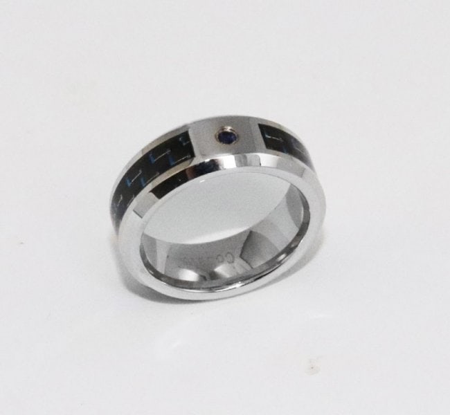 Man's Cobalt Eternity Band with Blue Sapphire: Item: Eternity Band Black & Blue Carbon Fiber Inlay , Brushed Center, Shiny Beveled Edge One Blue Sapphire, Approx. 2.1mm to 2.3mm Setting: Bezel-Set Width: 8mm, Size: 9, Item: New