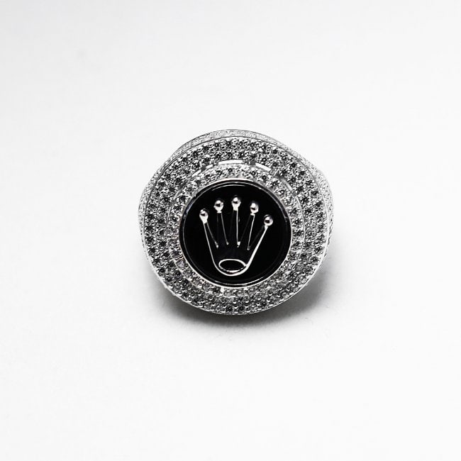 Man's Ring Crown Ring 18k W/G Overlay 925: Gem Type: Creation Diamond Stone Weight: 1.24 Carat Round Brilliant Clarity: VS1, Color: F Metal: 18k white/Back gold overly 925 Weight: 8.9 grams Size: 9 Polished: Excellent Face Diameter: 1. Inch