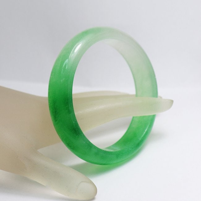 Translucent Solid Green/Creamy Chinese Jade Bangle - 2