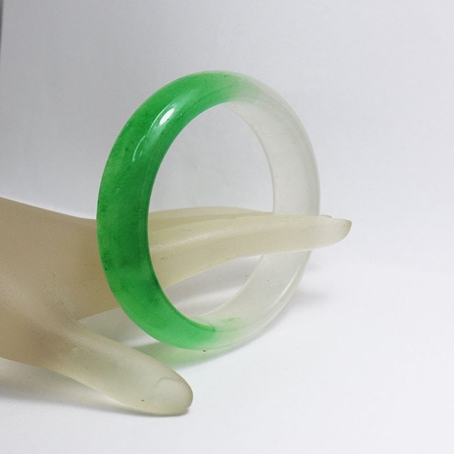 Translucent Solid Green/Creamy Chinese Jade Bangle - 2