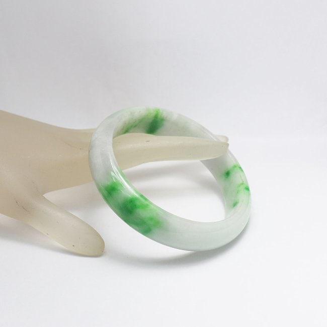 Translucent Solid Green/ Creamy Chinese Jade Bangle - 2