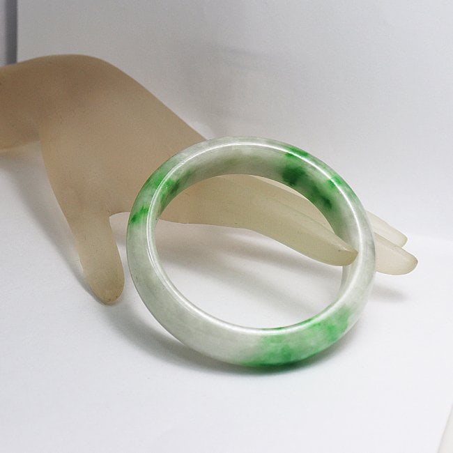 Translucent Solid Green/ Creamy Chinese Jade Bangle - 3
