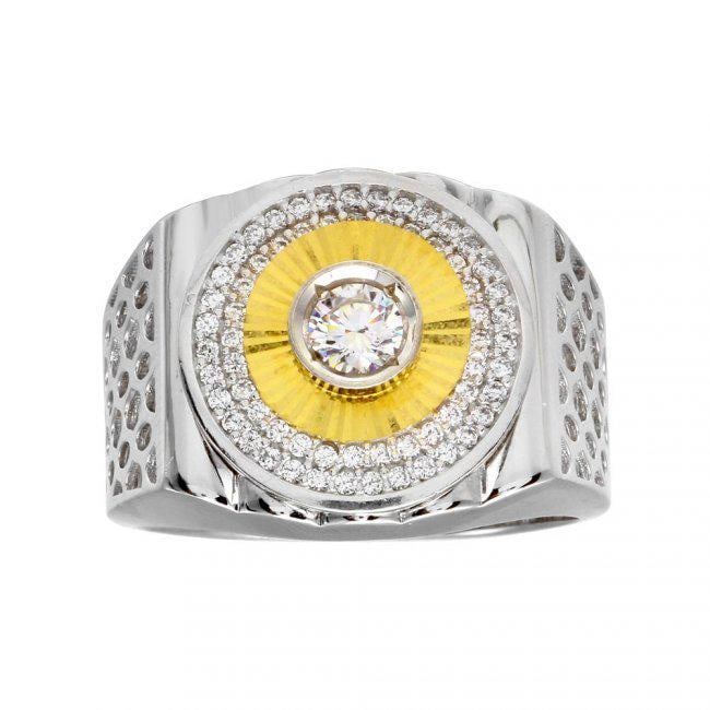 Man's Creation Diamond Ring Tow-Tone 18k Overlay 925: Gem Type: Creation, Diamond Item: Man's Ring Size: 9 Stone: .51 carat round brilliant Clarity: VS1 Color: G Metal: 18k two-tone overlay 925 Silver Weight: 8.27 Grams, Diameter: Face 6x9mm <br