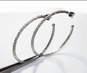 Hoop Earrings Creation, Diamond 6.05Carat 18k W/G Overlay 925: Gem Type: Creation, Item: Earrings White Stone: 6.05 Carat round brilliant Clarity: Vs1, Color: F Metal: 18k white gold overlay 925, Weight: 11.15 grams Style: Hoop Dimeter: 2. niche Backing: Post <